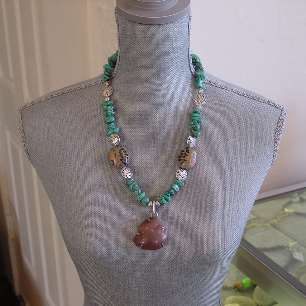 Turquoise Howlite Necklace, Evil Eye Ceramic Beads, Jasper Pendant - NWT
